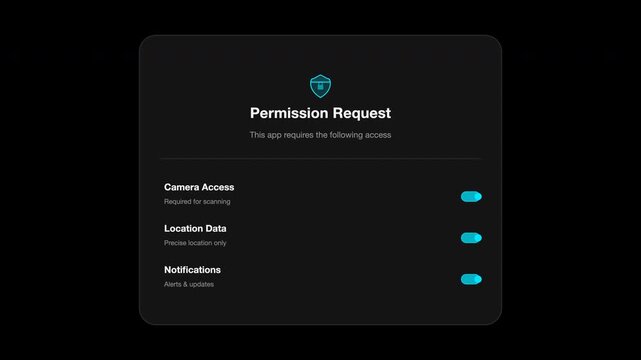 Digital permission request interface with camera location data notifications toggle switch settings. Suitable for mobile app development and cybersecurity concepts.