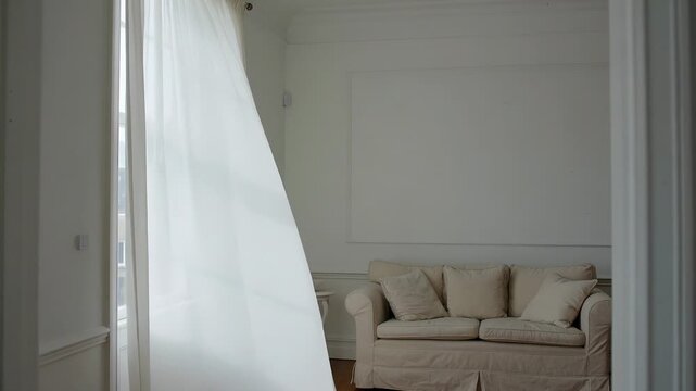 Billowing sheer white curtain moving into living room, steady breeze pushing across beige sofa