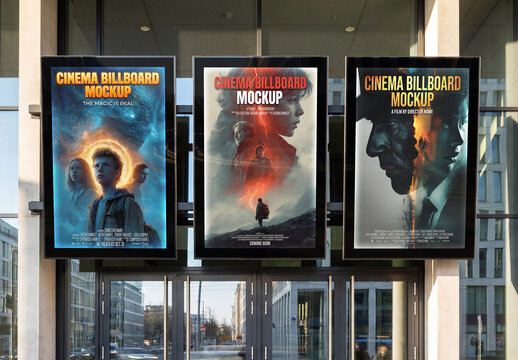Three Movie Theater Billboards Mockup for Cinematic Advertising and Branding Presentation