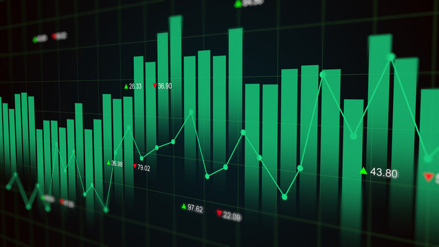 Green arrow rising uptrend on stock market exchange display showing financial growth volume bar and number price, business profit, value increase, and investment performance report concept