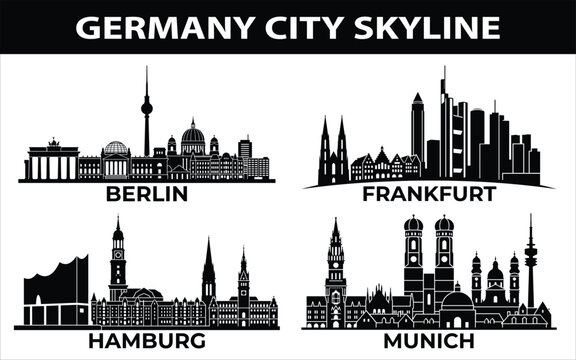 Germany city skyline vector illustrations of Berlin, Frankfurt, Hamburg, and Munich