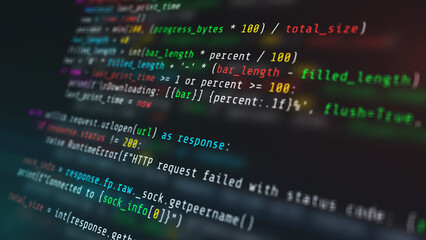 Programming source code and software development digital background representing high tech innovation computer script and cybersecurity data processing. © JOJO.FN&CO.COM