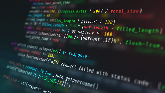 Programming source code and software development digital background representing high tech innovation computer script and cybersecurity data processing.