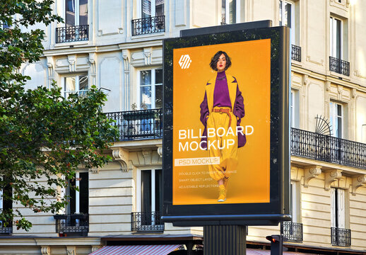 Vertical Billboard Mockup in Paris City Street for Outdoor Advertising Campaigns
