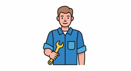 Fototapeta premium A cartoon man in a blue shirt holds a yellow wrench