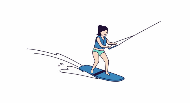 A cartoon of a girl wakeboarding with water splashing