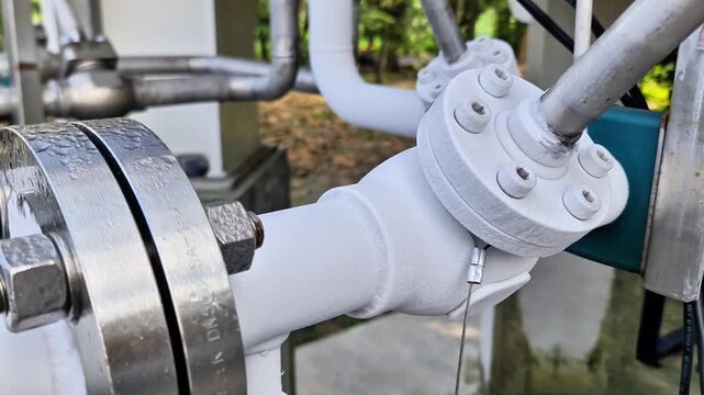 Detailed View of Industrial Cryogenic Flange Connection Covered by Thick Freezing Frost