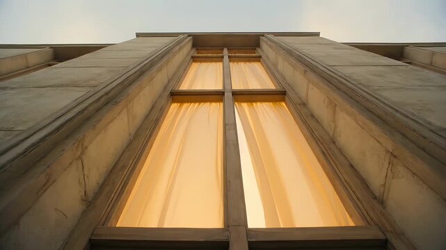 Tilting camera revealing tall narrow window on stone facade to show amber curtains and pale sky