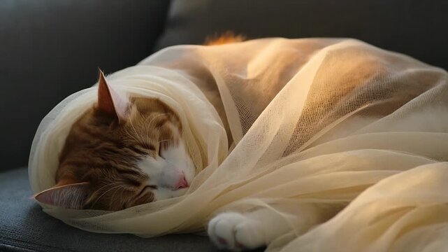 Sleeping ginger cat breathing on dark grey sofa, causing sheer fabric to settle under warm light