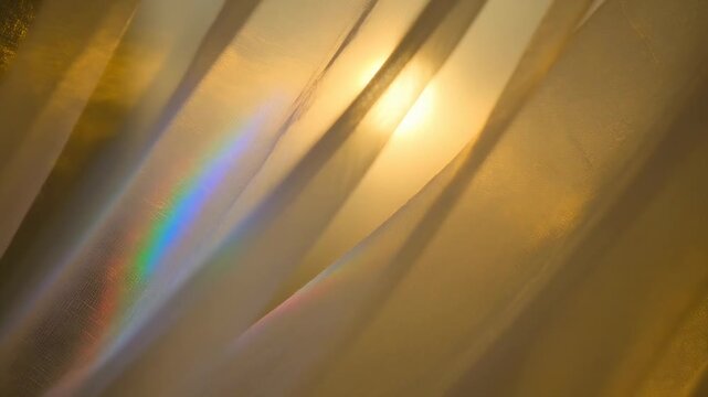 Shifting sun disk moving behind curtain at window, sheer pleats catching rainbow bands on fabric