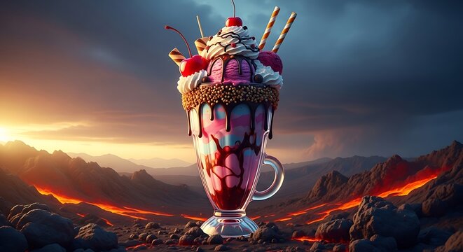 Majestic fantasy unicorn with glowing horn in lava landscape.