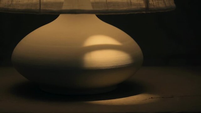 Moving occluding object crossing bulb beam and creating layered shadows on ceramic lamp on tabletop