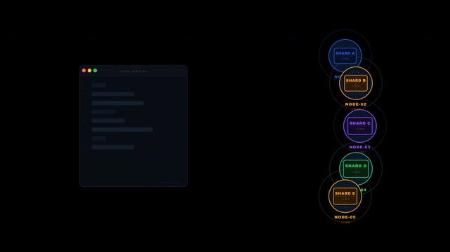 Suitable for technology websites, software advertisements, coding tutorials. Dynamic interface design with colorful circular icons for coding applications.
