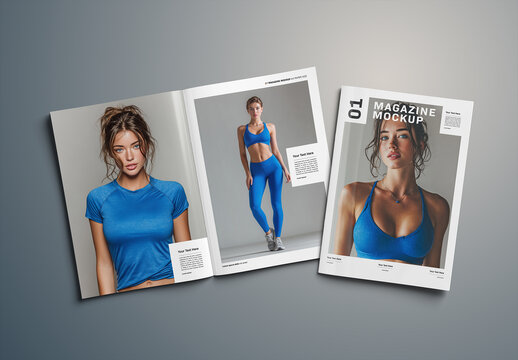 Magazine Cover and Open Magazine Mockup Isolated on Grey Background