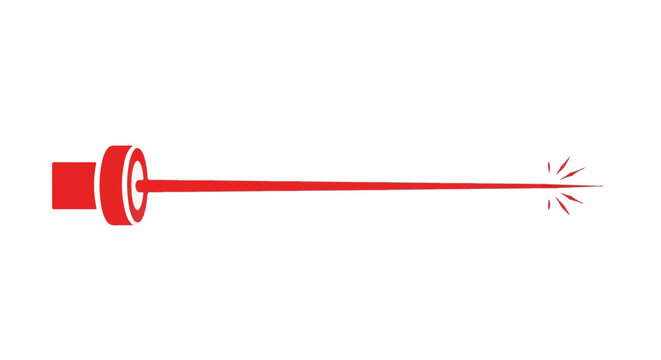 A bright red laser beam emanates from a cylindrical device, casting a thin line across the white background