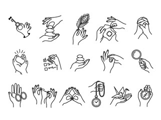 Obraz premium Hands holding various objects in a minimalist black and white line art vector icon set collection