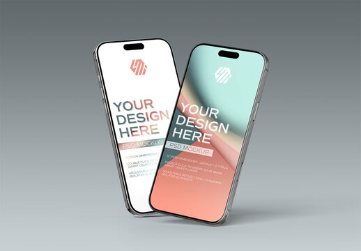 Two Floating Glossy Smartphones Isolated on Grey Background Mockup