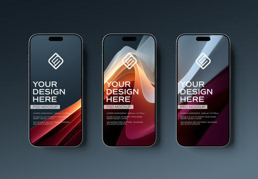 Three Shiny Smartphones Isolated on Editable Dark Background Mockup