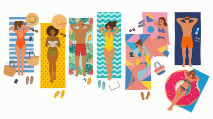 Fototapeta premium Flat Vector Illustration Set Seven Sunbathing Beach People Summer Vacation Relaxation Commercial Use