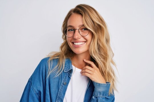 The smiling young woman wearing glasses and denim jacket posing against a white background