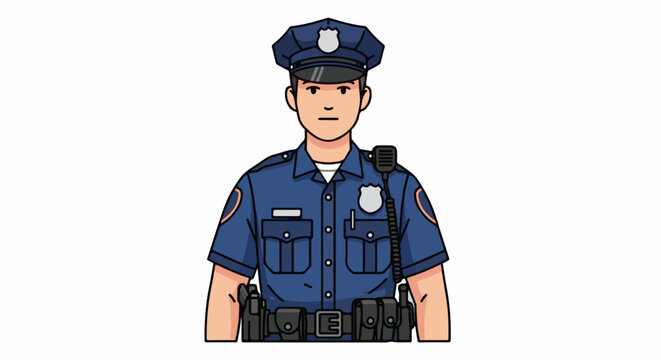 A cartoon police officer stands with a stern expression and utility belt