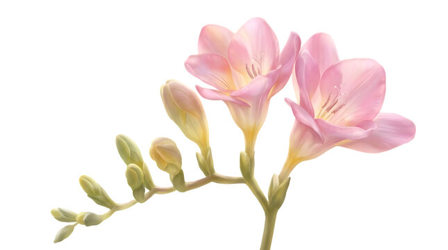 A delicate sprig of pink freesia flowers with blooming petals and closed buds, showing soft pastel colors and green stems on a white background isolated on a transparent background