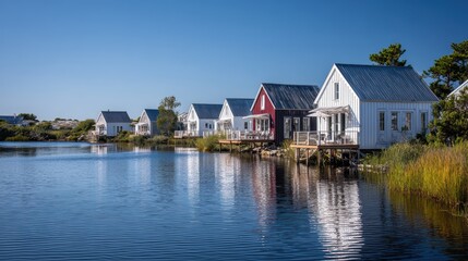 Obraz premium Row of charming white and red waterfront cottages with blue roofs reflecting in calm water under a clear blue sky