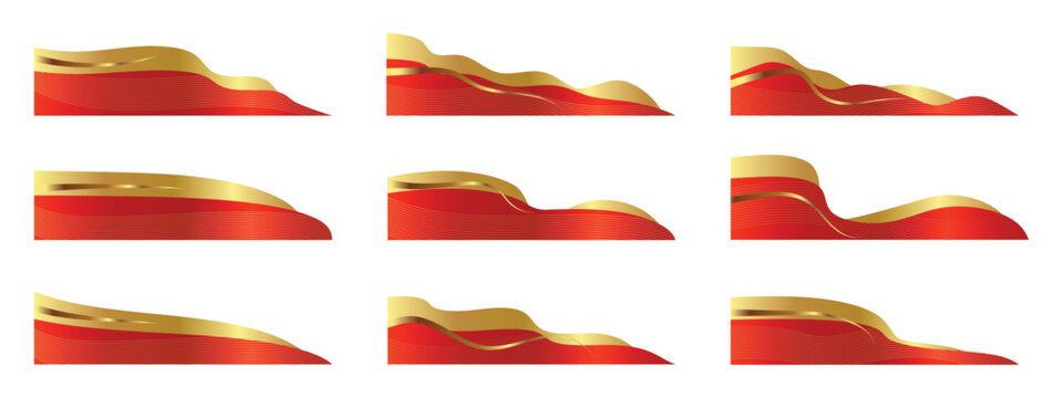 Red and gold metallic wavy header banner vector set