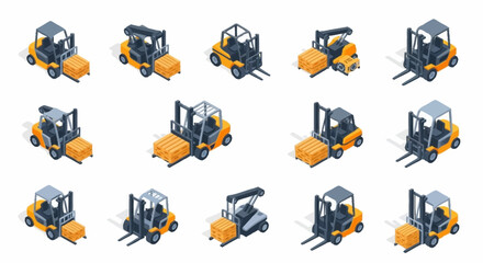 Set of isometric forklift icons with different types and functions for logistics and warehouse operations. © Syakilla