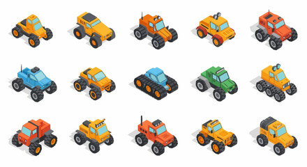 Collection of colorful isometric off-road vehicles and monster trucks on a white background. © Syakilla