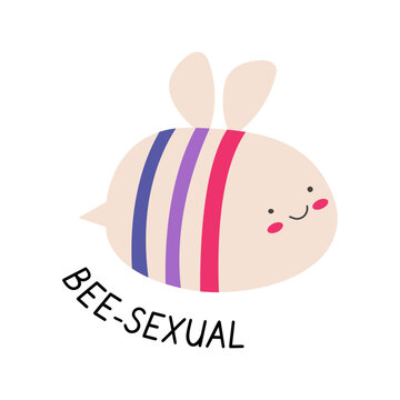 Retro cute bee with bisexual flag stripes and Bee- pun slogan isolated on white. 90s aesthetic kawaii bumblebee illustration for LGBTQ pride month celebration, bisexual visibility, social media.