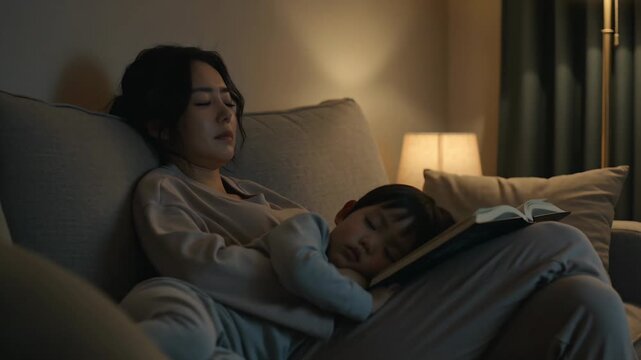 Reading mom in pajamas soothing sleeping boy, closing eyes on couch at night, open book lamp