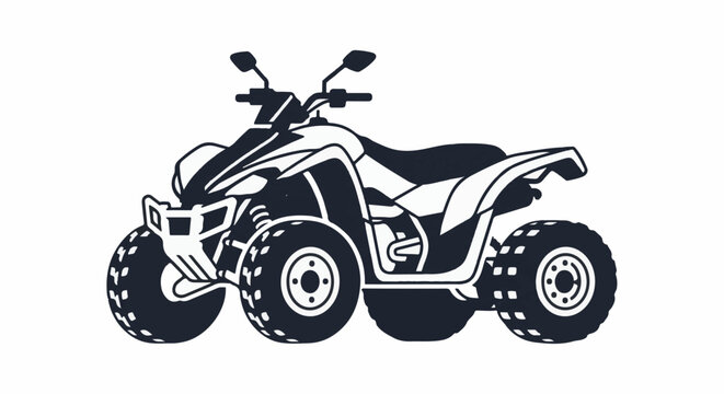 A black and white graphic of a four-wheeled all-terrain vehicle on a white background