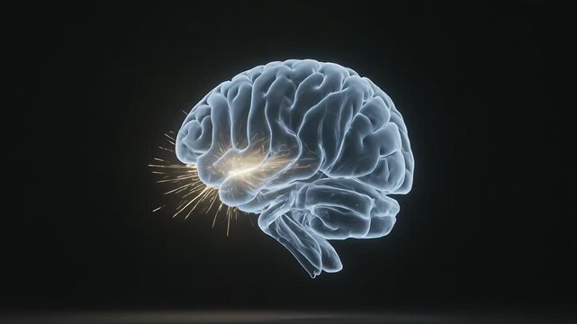 Animating translucent 3D brain, medial light sparking out while rotating right showing activation