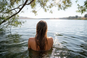 Fototapeta premium The woman swimming in a tranquil lakeside setting with sunlit water and foliage