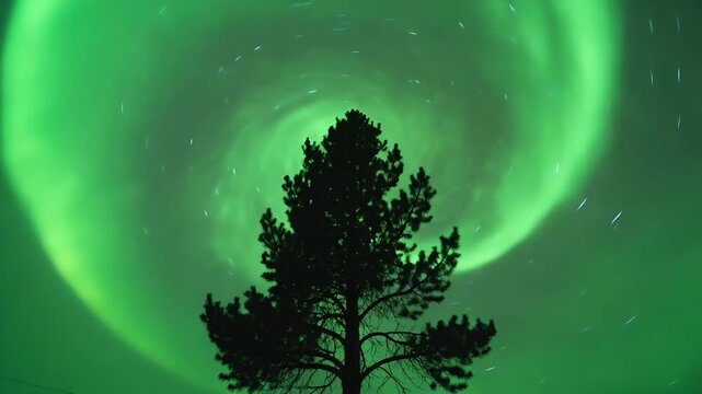 Brightening green aurora spiraling above lone conifer silhouette in boreal clearing, with star arcs