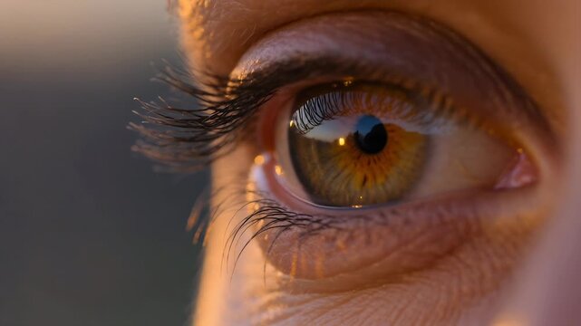 Opening human eye responding to sunset, revealing iris, cornea reflecting sun, tear on lower lid