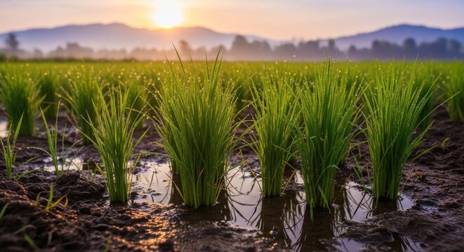 Young Rice Sprouts Growing in a Watery Field at Sunrise
