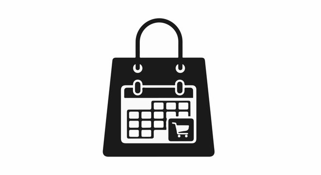 A black shopping bag icon with a calendar and shopping cart inside