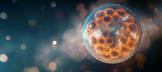 Obraz premium Abstract Glowing Orb Showcasing Scientific Cell Division Particles in Deep Space Macro Setting