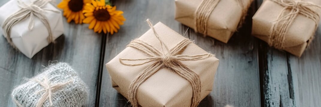 Artistic Eco-Friendly Holiday Gift Presents Wrapped in Rustic Paper with Natural Cord Decorations