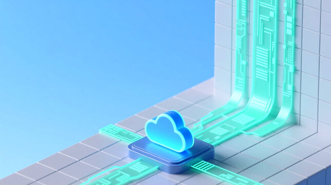 Transferring data through 3D isometric glowing API cloud interface on grid platform digital illustration with neon circuit links and copy space