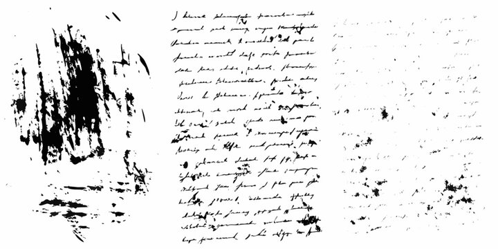 Handwritten notes and ink splatters on a white background black and white style