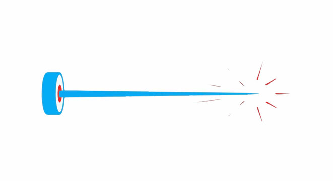 A bright blue beam emanates from a circular device, creating a burst of red sparks