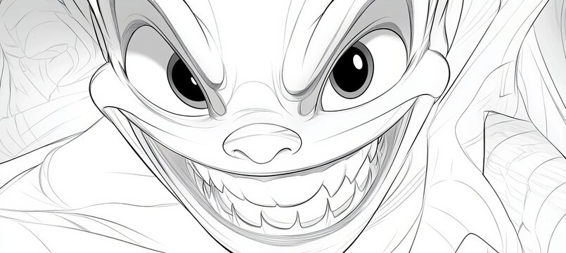 Unique and Creepy Smiling Character Design Featuring Outlined Features in Alien Cartoon Style