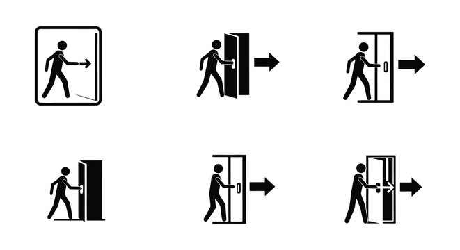 Door icons depicting push pull open and close actions flat vector style