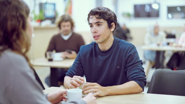 Girl in cafe sits near guy companion and drink coffee, has nice conversation, work or meeting dating. Cozy atmosphere of cafe, meeting place for friend, business partner, relative