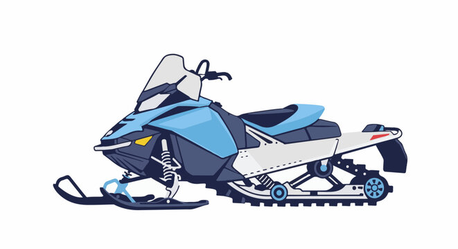 A blue and white snowmobile with a dark grey frame and seat is illustrated