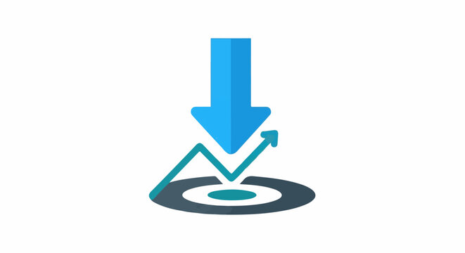 A blue arrow points down at a teal line graph aiming for a target