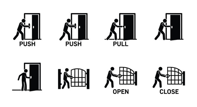 Door icons depicting push pull open and close actions flat vector style